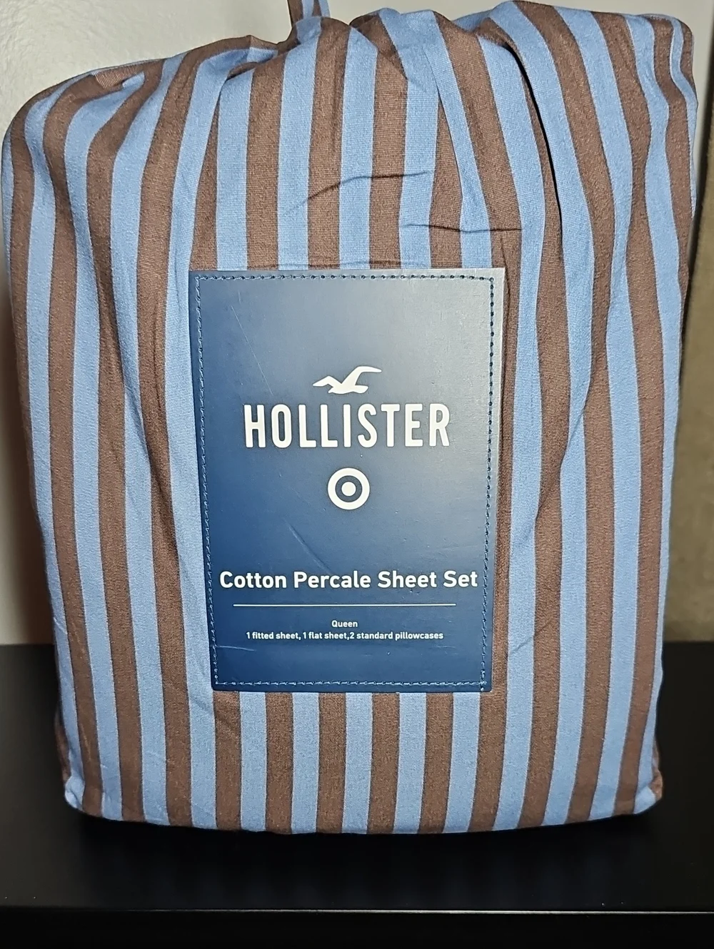 QUEEN Hollister Target Percale Stripe Sheet Set Blue/ Brown